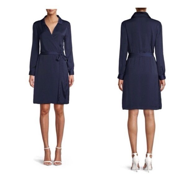 FINAL PRICE NWT C Wonder Navy Blue Long Sleeve Collared Wrap Dress - Picture 1 of 5